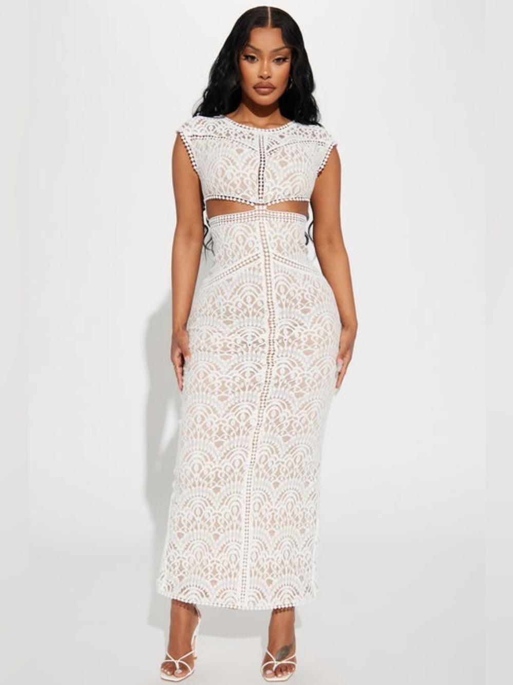 White Lace Cut Out Maxi Dress with Scallop Detail